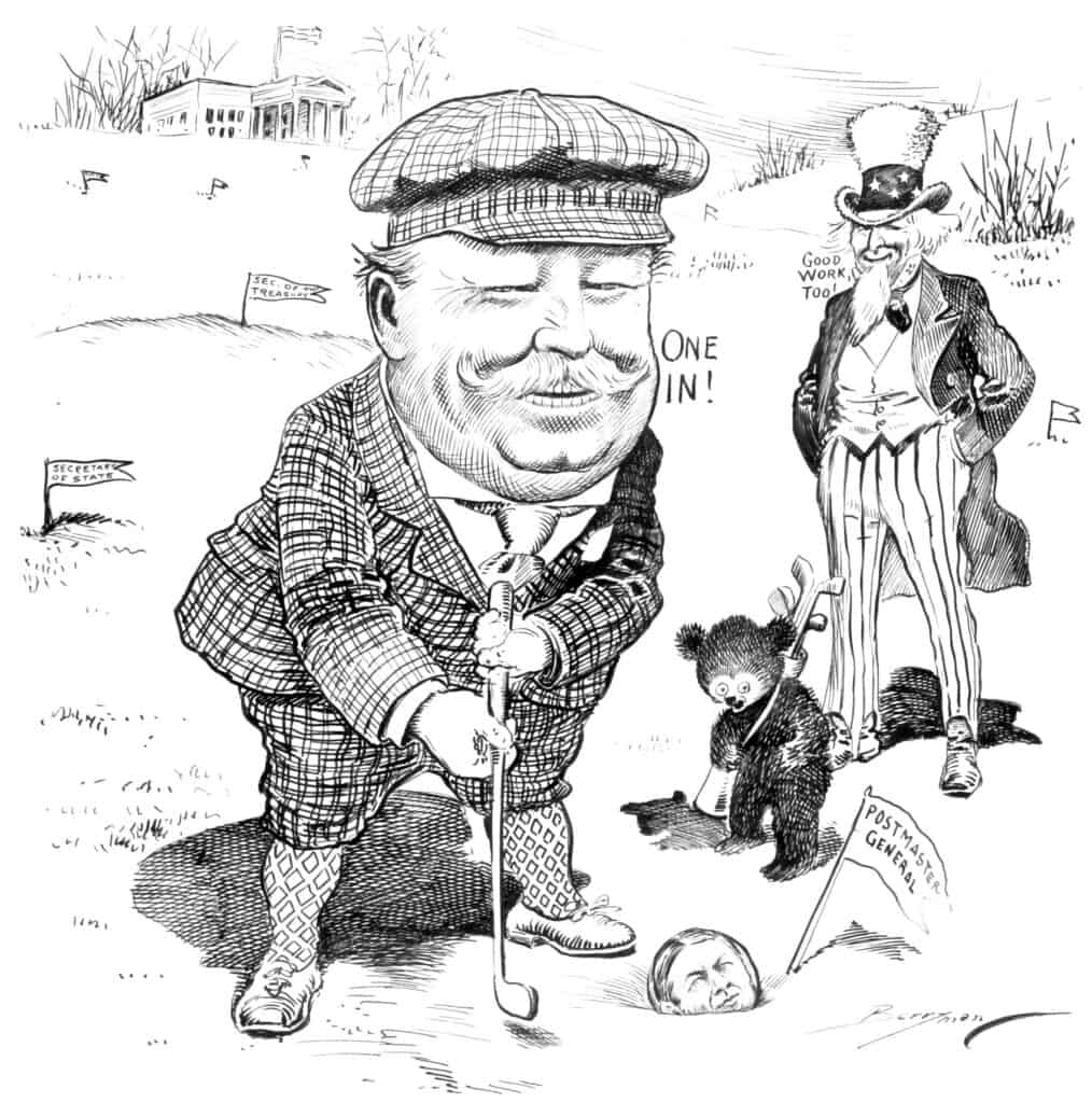 Golf political cartoon of William Howard Taft trying to hit a golf ball with Uncle Sam in the background.