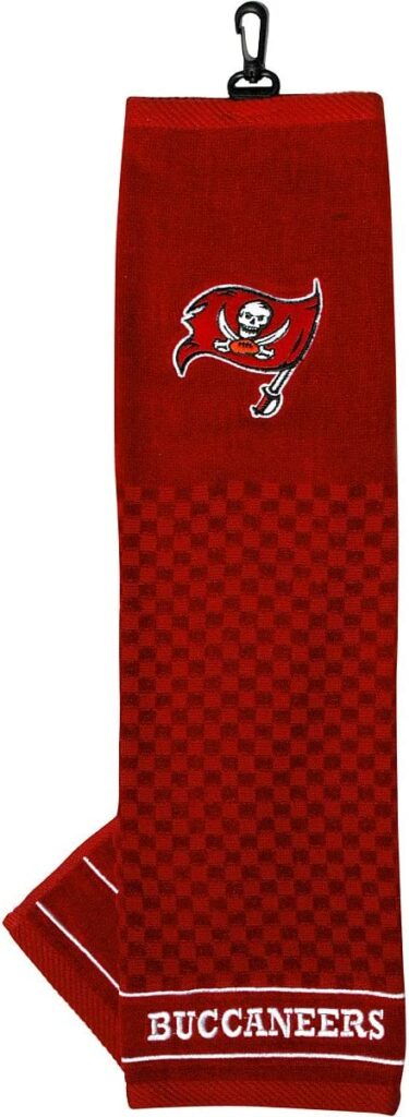Golf stocking stuffers - NFL golf towel with your favorite sports team.  Showing Tampa Bay Bucs red towel.