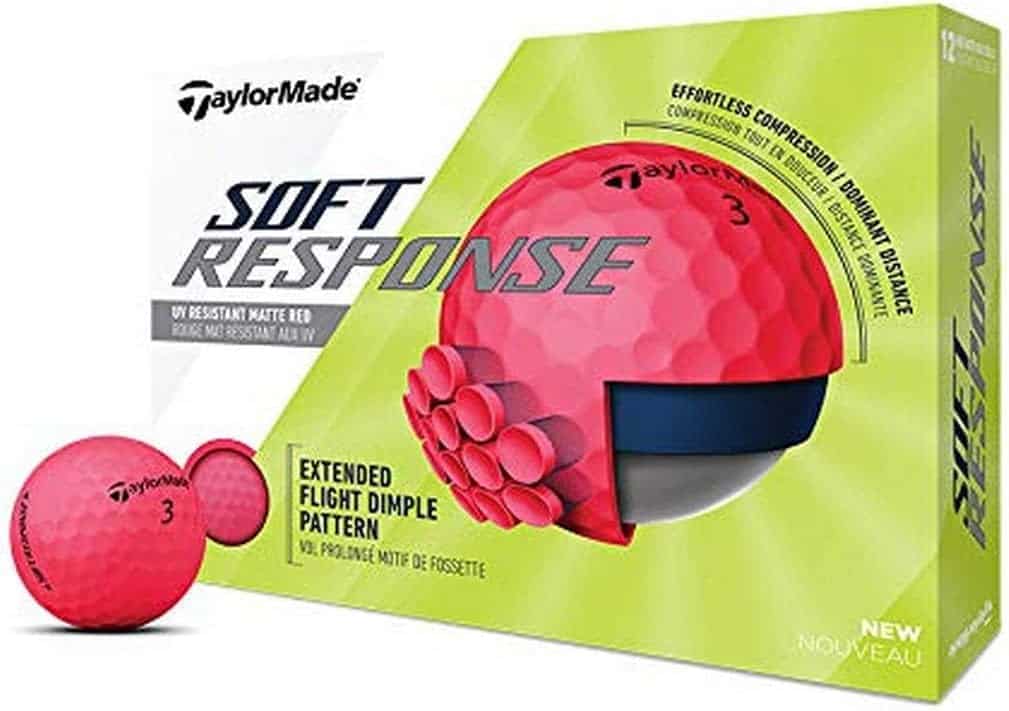 Straightest Soft Compression Golf Ball, TaylorMade Soft Response Golf Balls come in a nice bright red color.  Box color is green and white. 