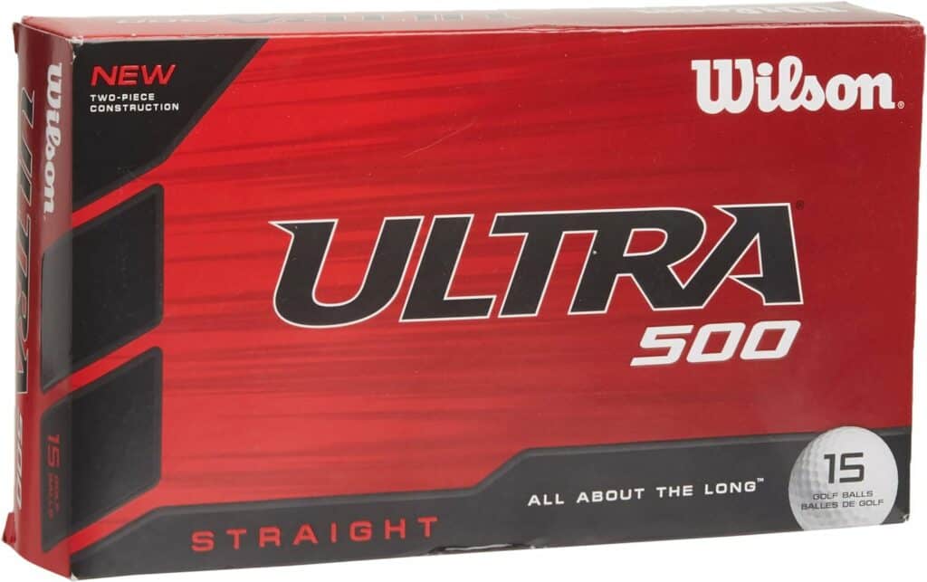 Straightest Budget Golf Ball is the Wilson Ultra 500 Straight Golf Balls.  It comes in this dark red box.