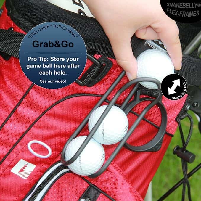 Snakebelly Golf Ball Holder shows it being attached to the golf bag.  It holds 3 balls.  Works with a golf push pull cart. 
