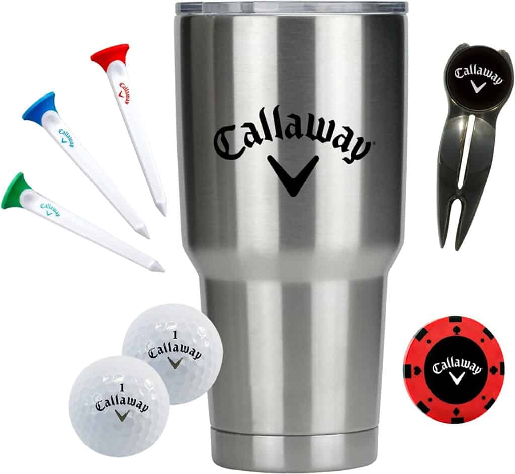 Callaway Tumbler Gift Set, Golf Stocking Stuffer.  Included in the photo - 3 golf tees, ball marker, golf balls, and divot. 