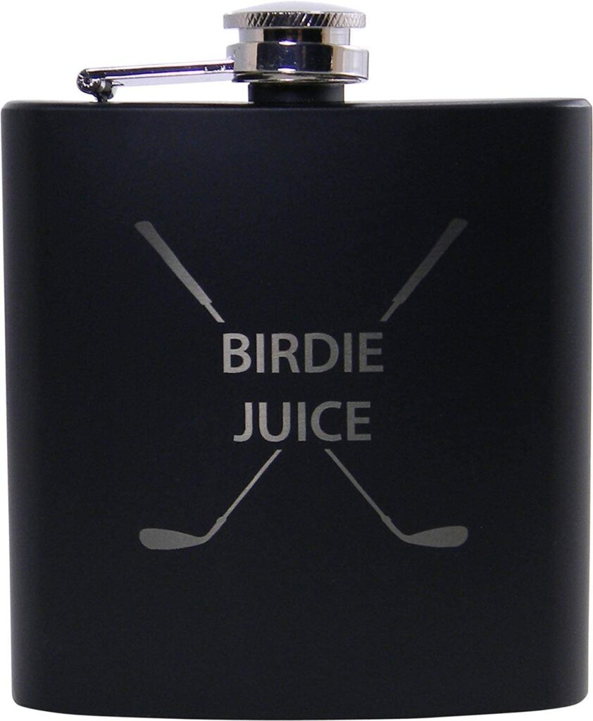 Birdie Juice flask has two golf clubs on the exterior.  It is one of the unique golf gift retirement gifts.