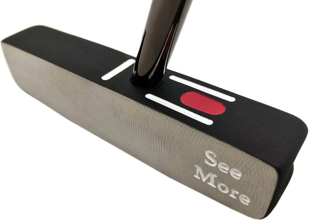 SeeMore Si3 Black CB Putter, best standard length putter.  Shows club head with the SeeMore label on it. 