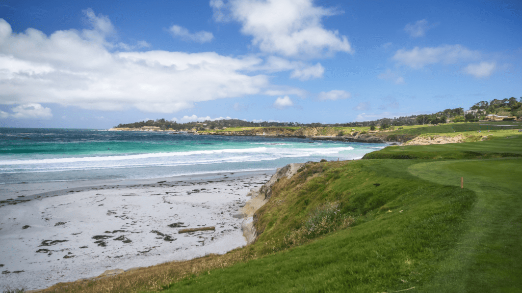 Pebble Beach Golf Course, views near the green of the ocean and sand. 