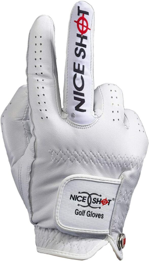 Nice Shot Golf Glove, some may consider this rude golf gifts since the nice shot is written on the middle finger giving others the bird. 