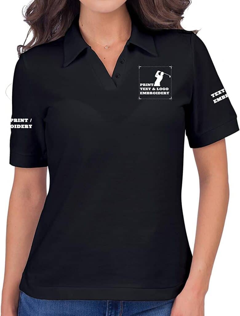 personalized polo shirt for women, photo shown in black.  They can monogram the arms and logo on the front.
