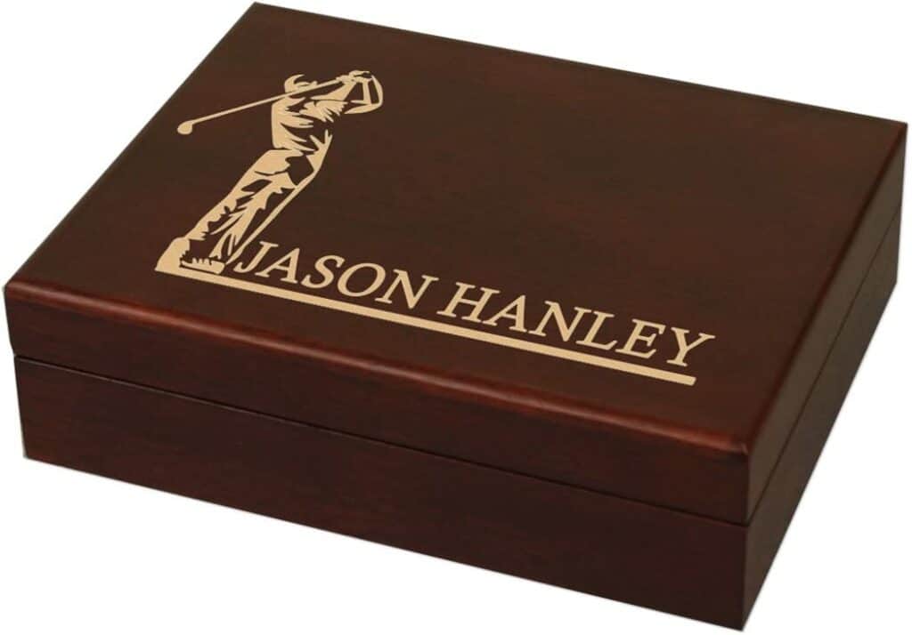 personalized golf box made out of wood with gold lettering to give a luxurious feel.  