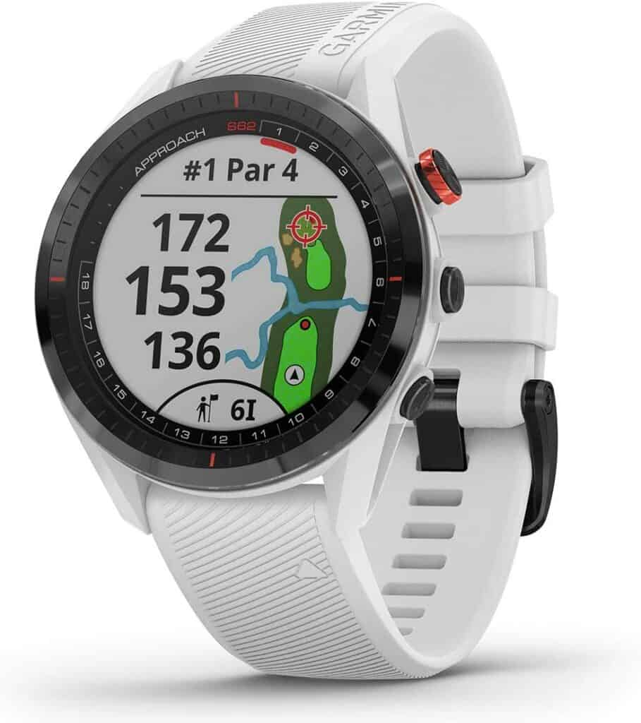 Garmin Approach S62 Golf Smartwatch, gifts for the female golfer shown with white band.  
