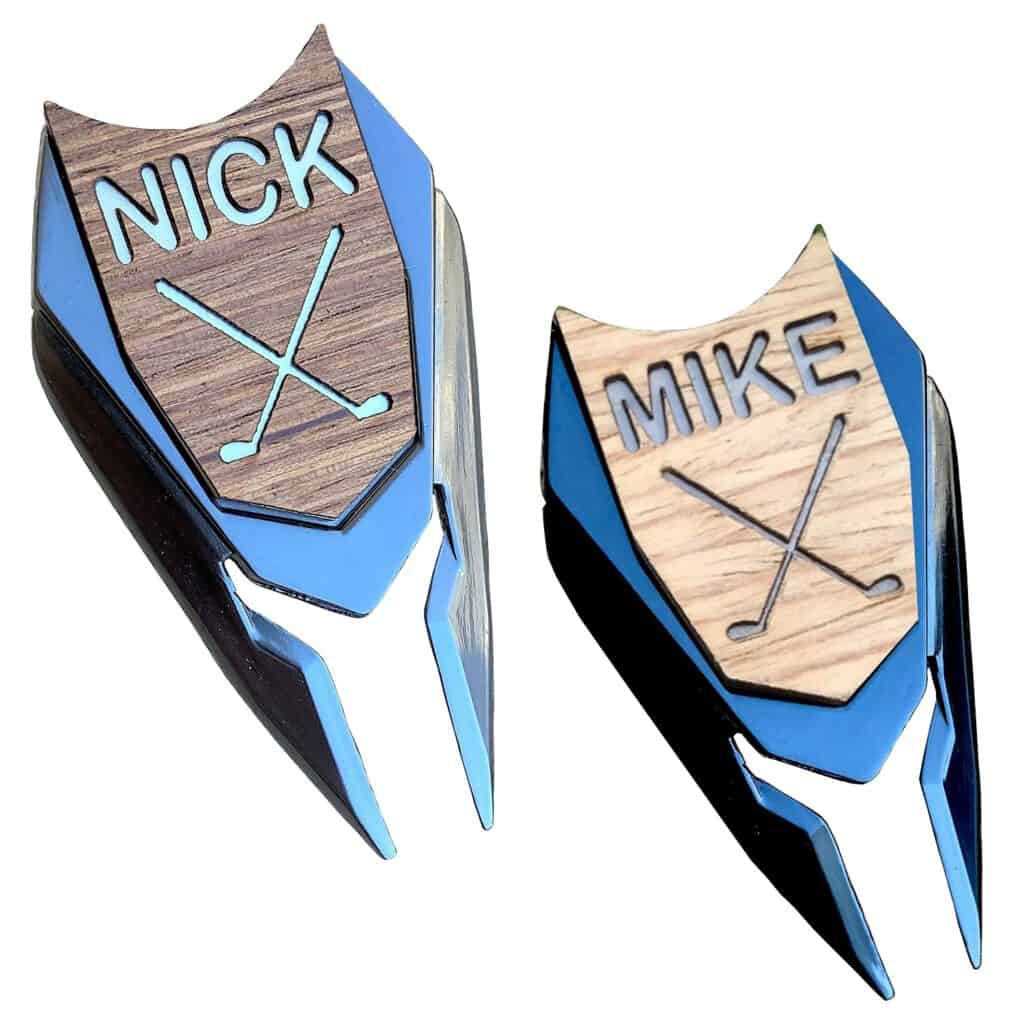 personalized golf gifts shows two personalized golf ball markets with a divot repair tool.