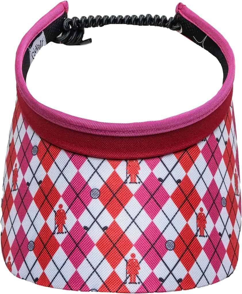Glove It Coil Golf Visor; best women's golf hats for sun protection.  Shown in checkered red and pink with golfers on it.