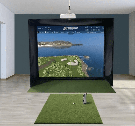 Foresight GC Quad Swingbay Golf Simulator Package  showing beautiful monitor screen and pad
