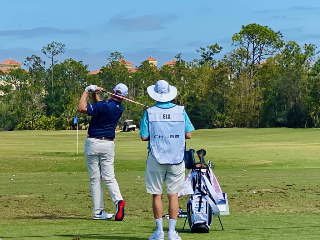 Long irons vs hybrids - Ernie Els shown at The Chubb Classic Driving Range using a combination of hybrids and long irons.