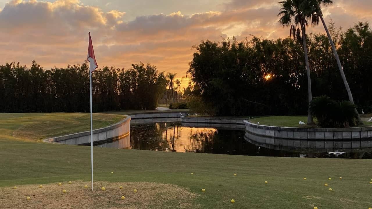 Practice range at sunset at Isla Del Sol Country Club 