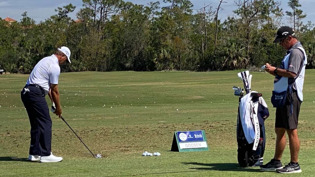 Retief Goosen warming up at the driving range. Chubb Classic in Naples Florida in February 2023.