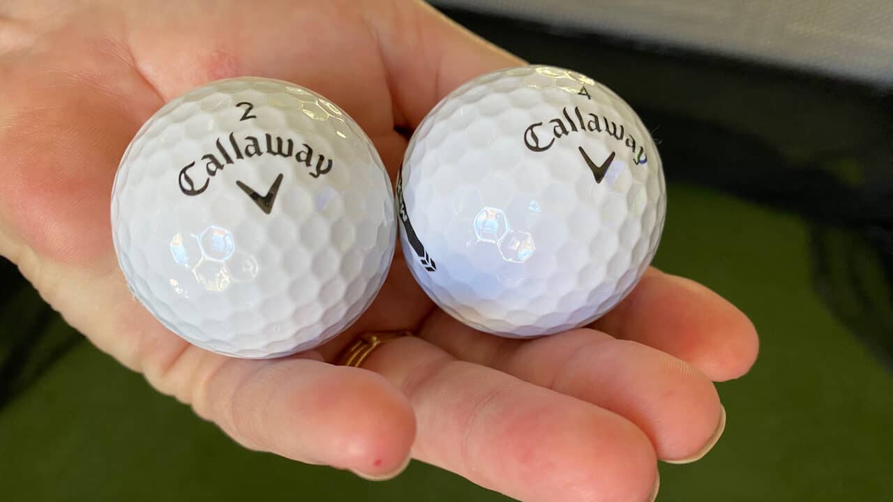 The two golf balls may look identical at quick glance, but the Callaway Super Soft Max is significantly larger in size.