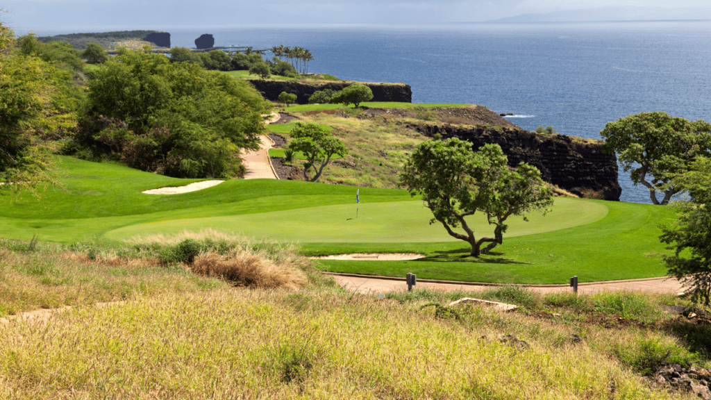 Hawaii golf course photo with beautiful water views.