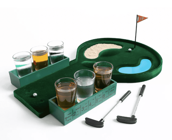 golf drinking game with 6 shot glasses and 2 putters