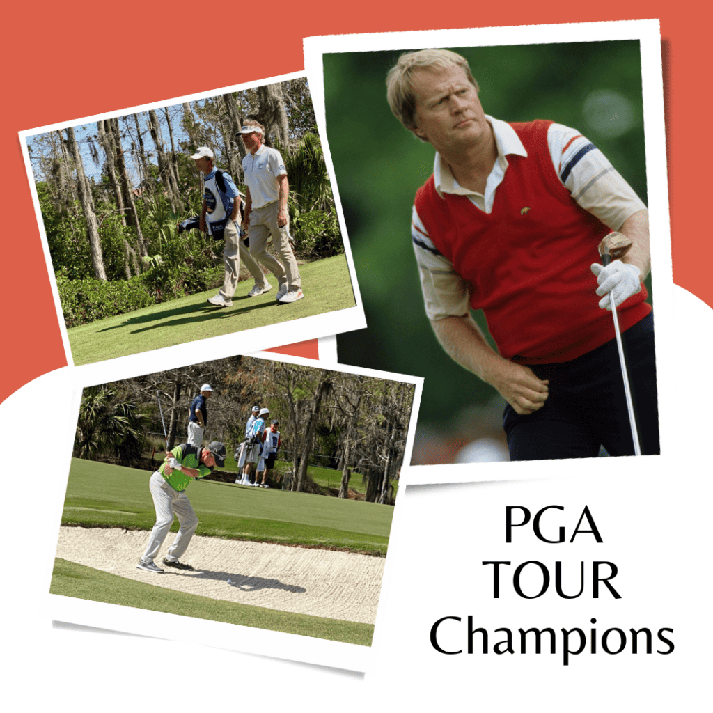PGA TOUR Champions collage of Jack Nicklaus, Bernhard Langer and Caddie, and Pride hitting out of a bunker.