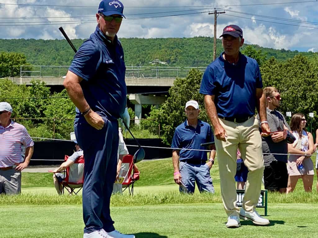 David Duval champions tour playing on the En-Joie Golf Club in New York June 2023.  Standing on the tee box with Corey Pavin. 