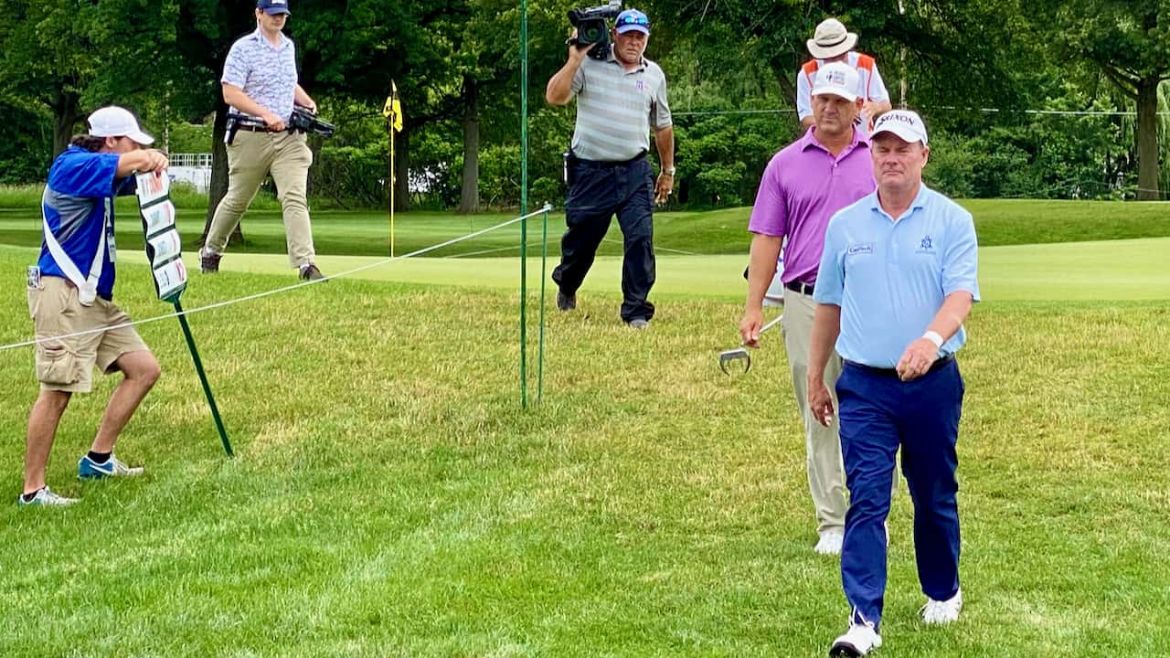 Joe Durant walking towards his next hole at the En-Joie Golf Course at Dick's Sporting Goods Open Championship 2023