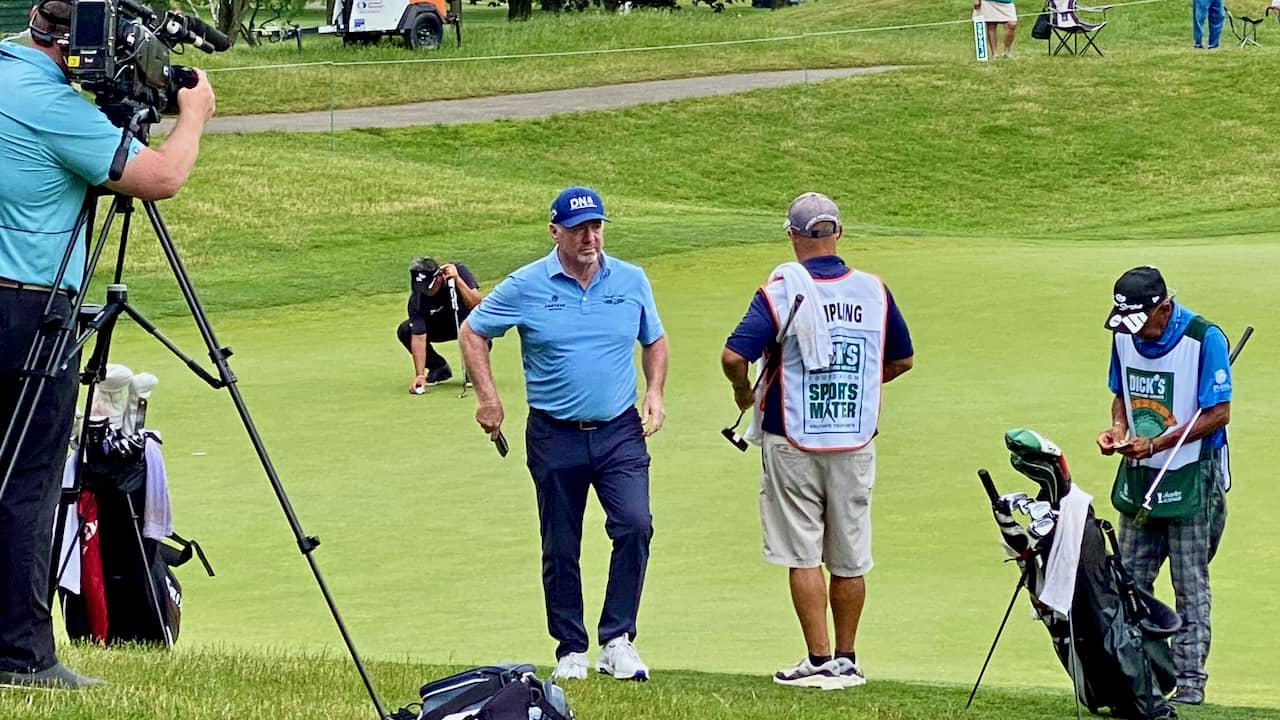 Rod Pampling WITB article showing Rod coming off the 9th hole on the En-Joie Golf Course in New York 2023. He is talking with his caddie, Perry Cameron.