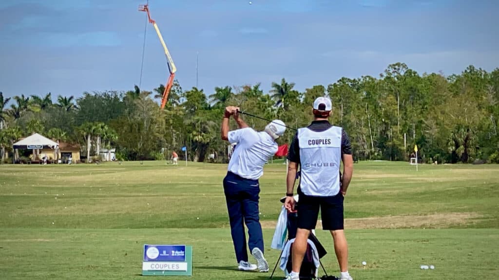 Fred Couples golf swing at the driving range in Naples, FL 2023 Chubb Classic.