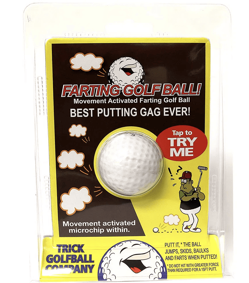 Farting & Jumping Golf Ball, funny golf gifts shown in the package.
